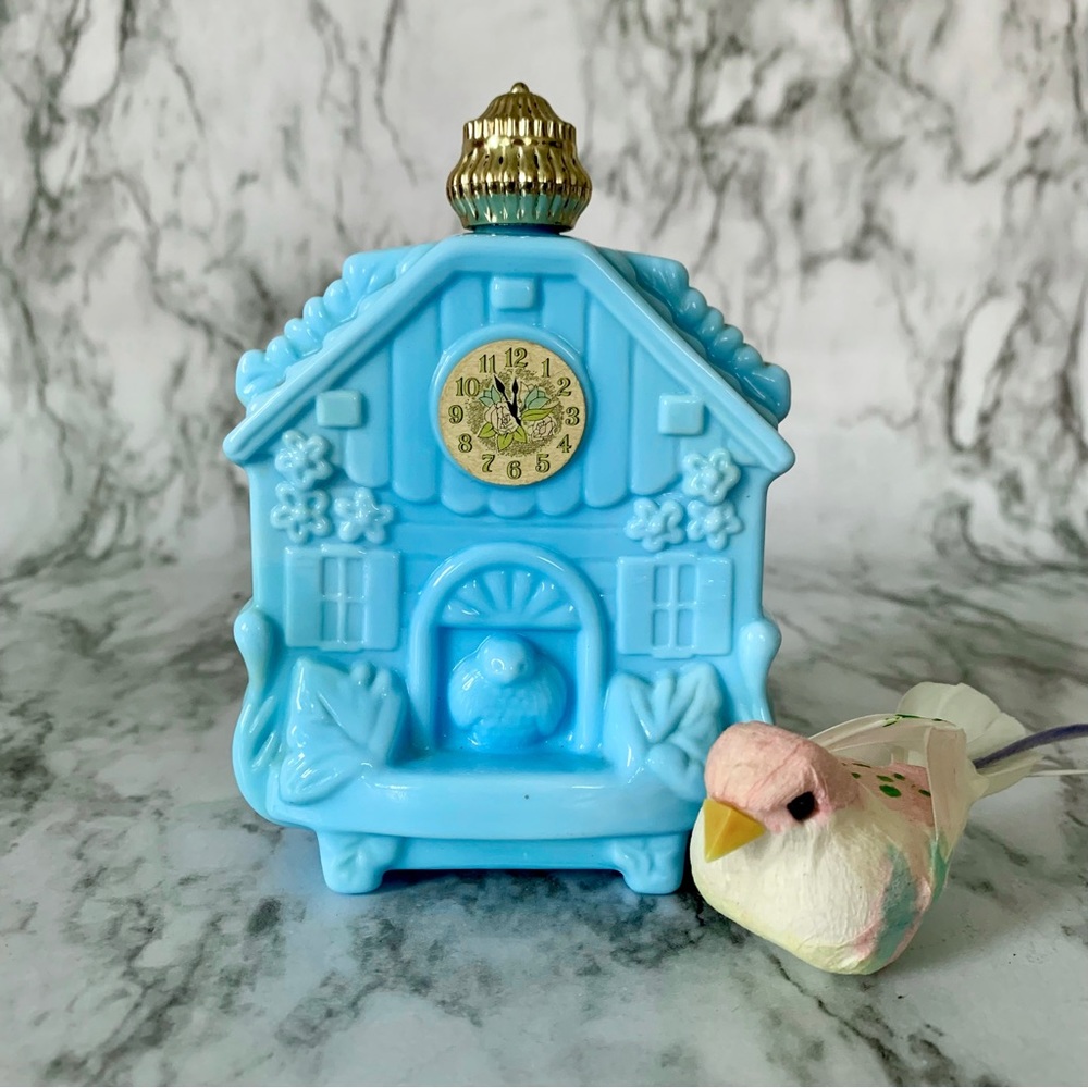 Vintage AVON Enchanted House Cuckoo Clock Light Blue Glass Cologne Bottle